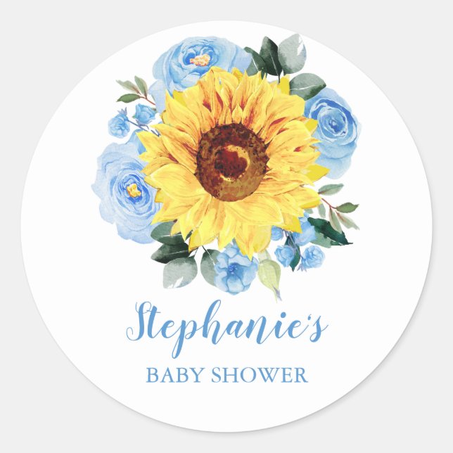 Babydusche Sonnenblume Dusty Blue Rose Blumenstrau Runder Aufkleber (Vorderseite)