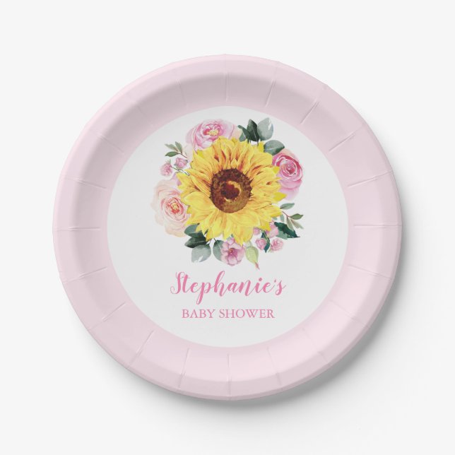 Babydusche Sonnenblume Rosa Blütenblume Personalis Pappteller (Vorderseite)
