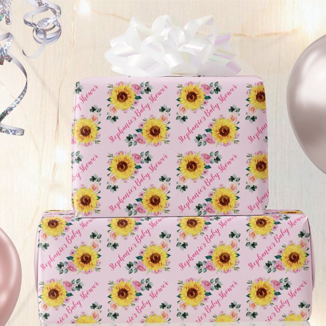 Babydusche Sonnenblume Rosa Rosen Personalisierter Geschenkpapier (Von Creator hochgeladen)