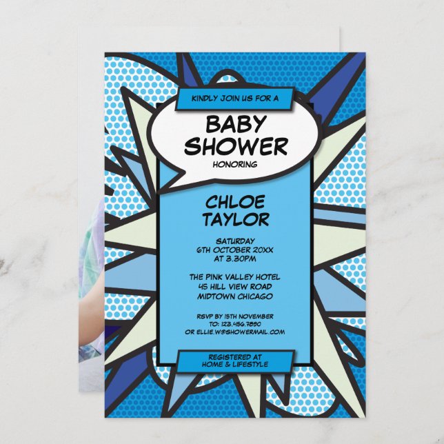 Babydusche Sprinkle Modern Blue Baby Boy Foto Einladung (Vorne/Hinten)