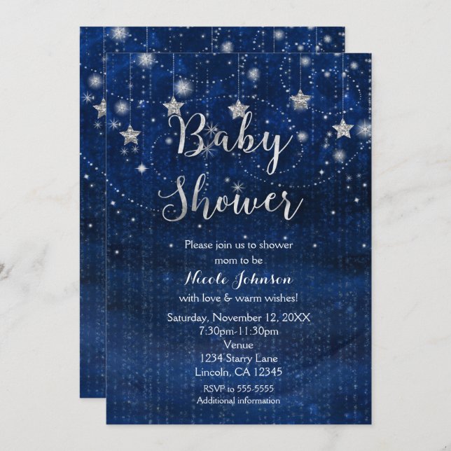 Babydusche Starry Night Blue & Silver Einladung (Vorne/Hinten)