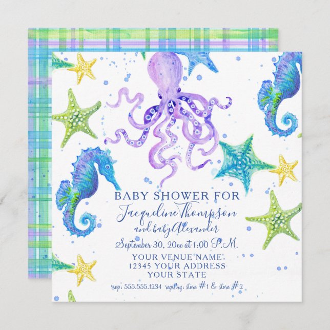 Babydusche Strand Starfish Octopus Seepferd Karier Einladung (Vorne/Hinten)