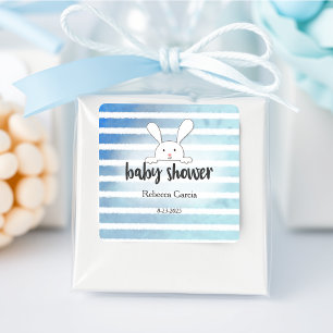 Babydusche Tan White Bunny Blue Strip Quadratischer Aufkleber