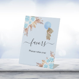 Babydusche Teddy Bär blaue Pampas Gras Gefälligkei Sockelschild