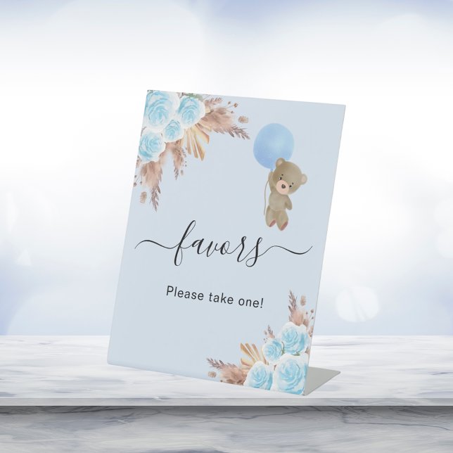 Babydusche Teddy Bär blaue Pampas Gras Gefälligkei Sockelschild (Von Creator hochgeladen)