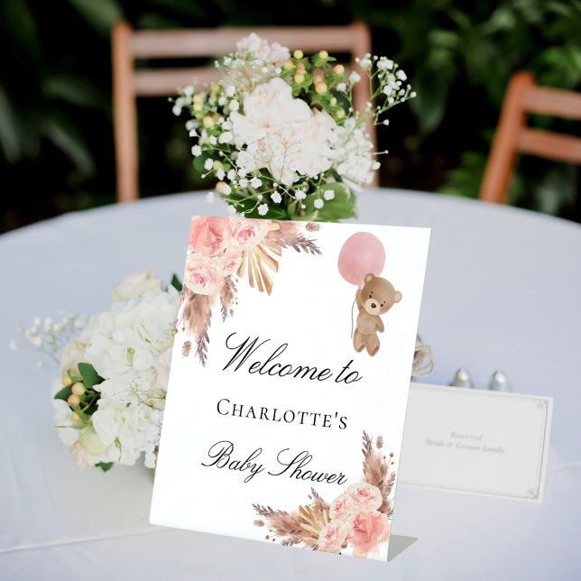 Babydusche Teddy Bär Pampas Gras Rose rot Sockelschild (Von Creator hochgeladen)