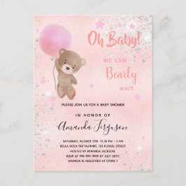 Babydusche Teddy Bärenmädchen Rosa Glitzer Einladungspostkarte