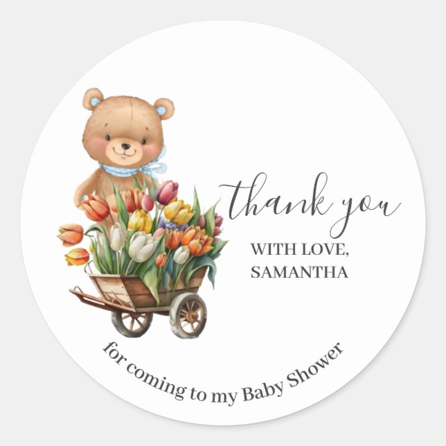 Babydusche Teddy Bear Blue Floral Rustikal Runder Aufkleber (Vorderseite)