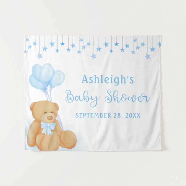 Babydusche Teddy Bear Blue Stars Hintergrund Wandteppich (Vorderseite (Horizontal))