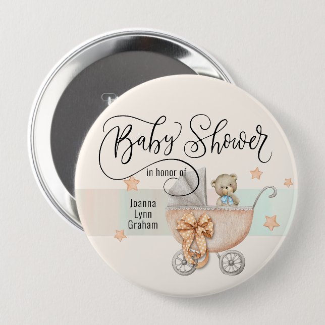 Babydusche Teddy Bear Personalisiert 4" Button (Vorne & Hinten)