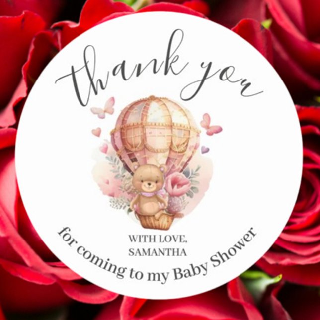 Babydusche Teddy Bear PINK Heißluftballon Runder Aufkleber (Celebrate your baby shower with this adorable pink teddy bear hot air balloon sticker. )