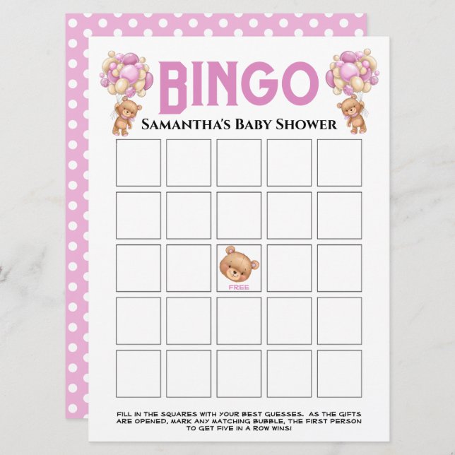 Babydusche Teddy Girl Bubbly Pink Bingo Game Einladung (Vorne/Hinten)