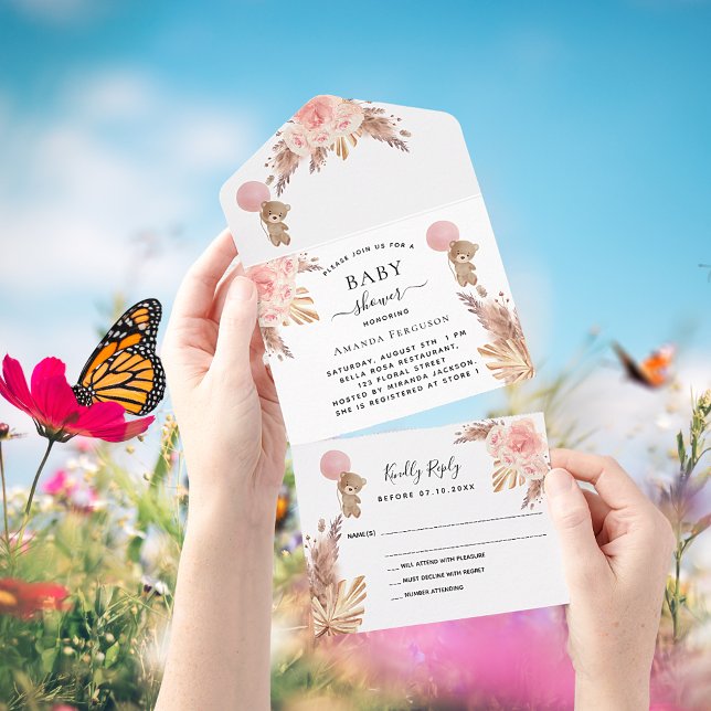 Babydusche Teddy Pampas Pink Blütenweiß UAWG All In One Einladung (Von Creator hochgeladen)