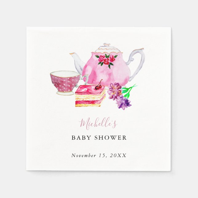 Babydusche Tee Party Dusty Rose Teapot Serviette (Vorderseite)
