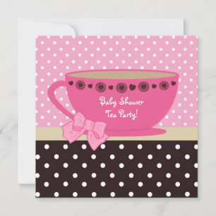 Babydusche Tee Party Rosa und braune Polka-Punkte Einladung