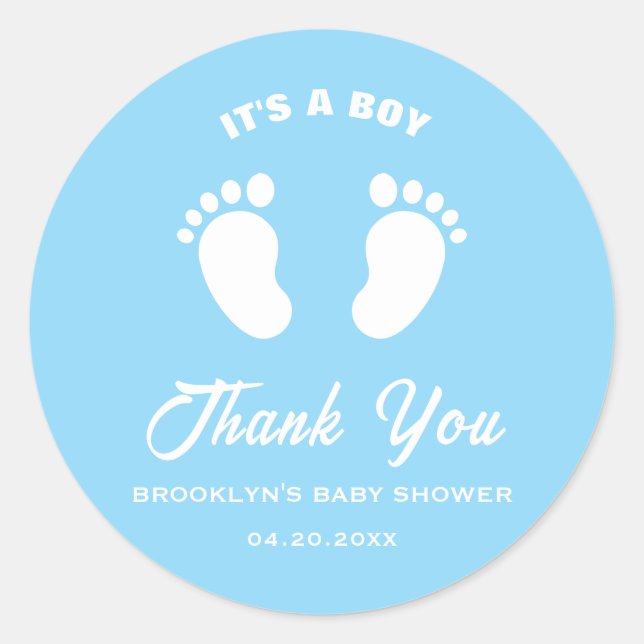 Babydusche Trendy Trendy The A Boy Blue White Feet Runder Aufkleber (Vorderseite)