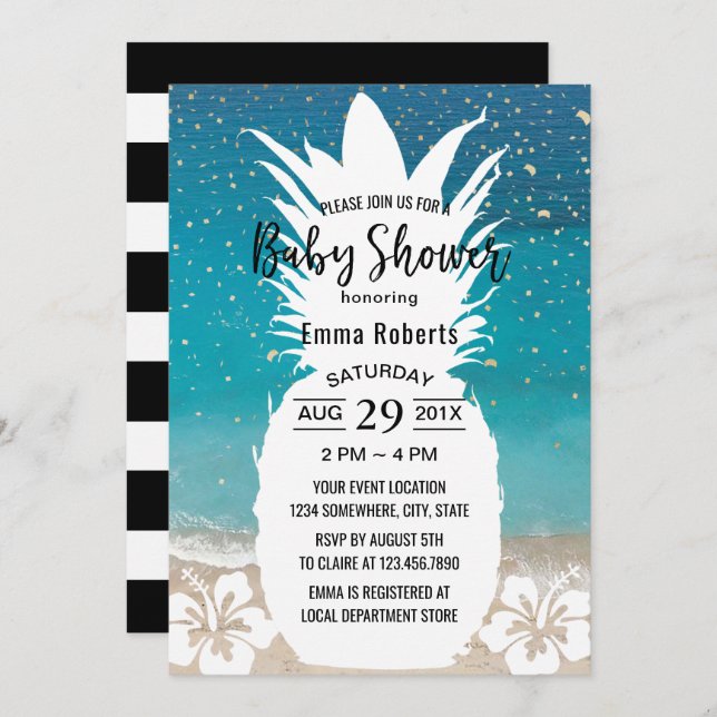 Babydusche Tropische Ananas & Blume Beach Einladung (Vorne/Hinten)