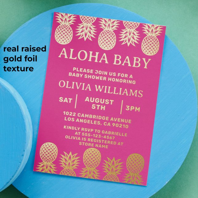 Babydusche Tropische Ananas Luau Pink Folieneinladung (Tropical pineapple baby shower invitation with gold foil raised texture)