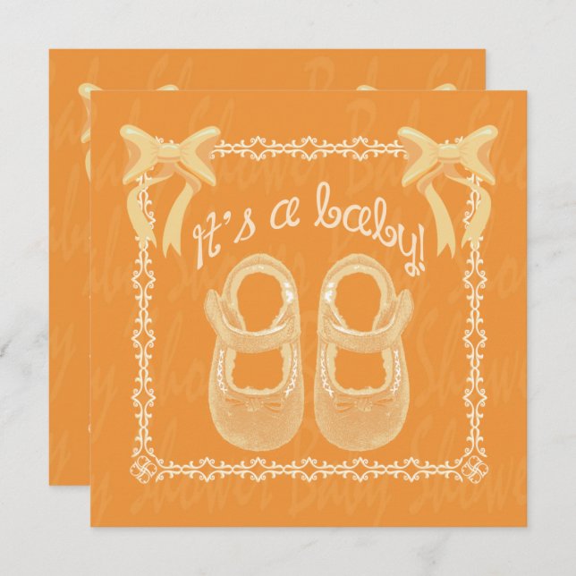 Babydusche Unisex Orange Schuhe und Bogen Einladun Einladung (Vorne/Hinten)