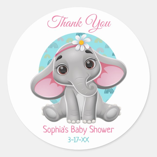 Babydusche Vielen Dank Niedlicher Elephant-Name, I Runder Aufkleber (Vorderseite)