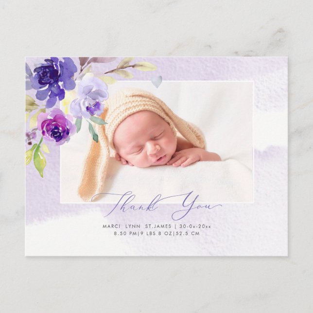 Babydusche Vielen Dank Wasserfarbe Violett Rose Postkarte (Vorderseite)