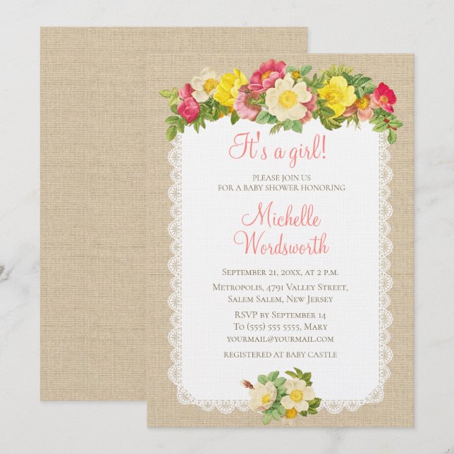 Babydusche Vintage Blumenwäsche Rustikale Einladun Einladung (Vorne/Hinten)