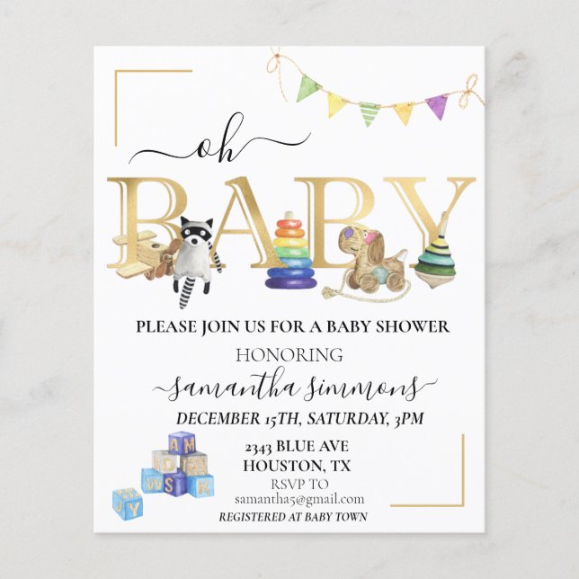 Babydusche Vintage Holzspielzeuge Gold (Vorderseite)