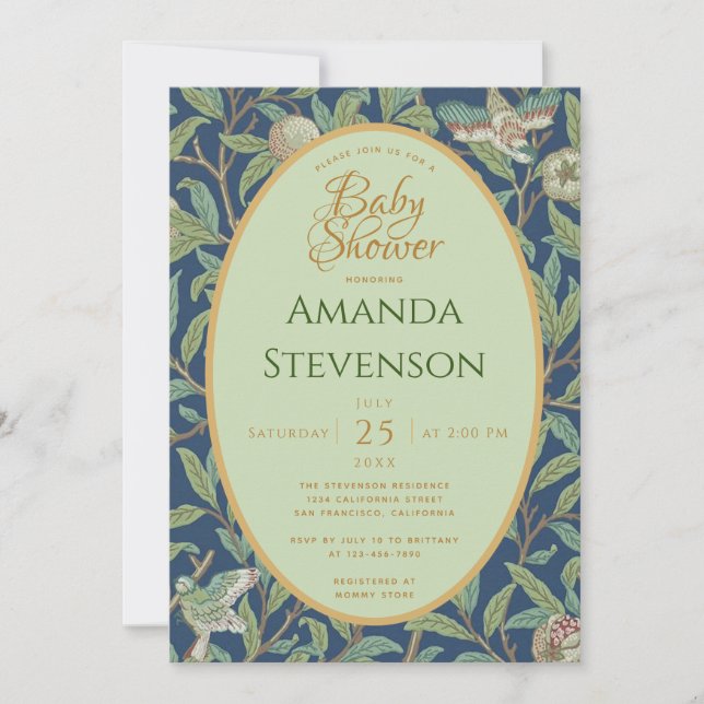 Babydusche Vögel Granatapfel Grüne Blätter Morris Einladung (Vorderseite)