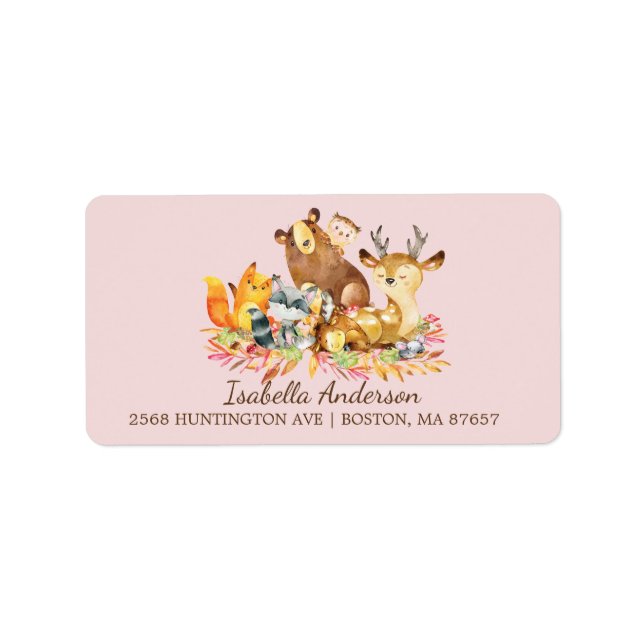 Babydusche von Woodland Animals Girls - Adressetik Adressaufkleber (Vorne)