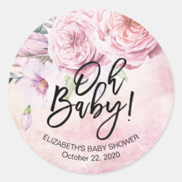 Babydusche Wasserfarbe Bohemische Blume und Federn Runder Aufkleber