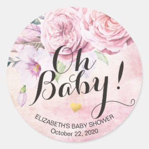 Babydusche Wasserfarbe Bohemische Blume und Federn Runder Aufkleber