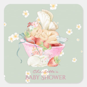 Babydusche Wasserfarbe Girl Fairy Niedliches Kanin Quadratischer Aufkleber