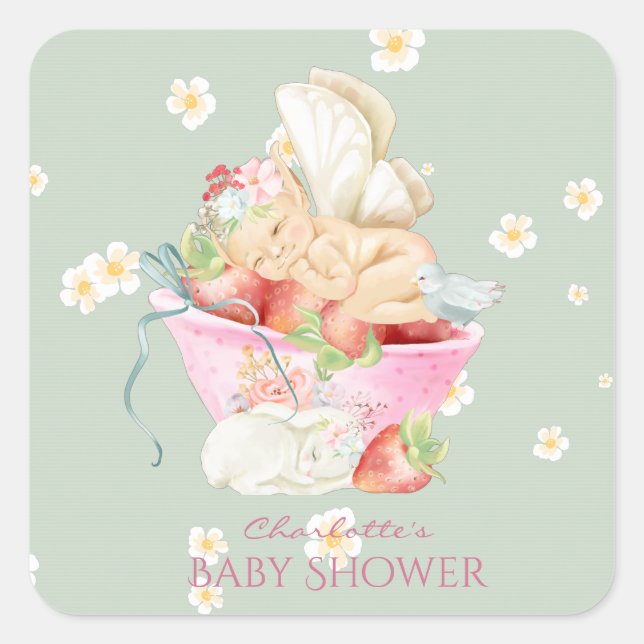 Babydusche Wasserfarbe Girl Fairy Niedliches Kanin Quadratischer Aufkleber (Vorderseite)