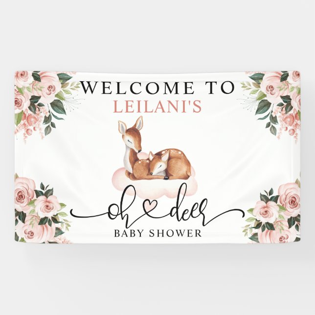 Babydusche Wasserfarbe Oh Deer Pink Blumengrün Wil Banner (Horizontal)