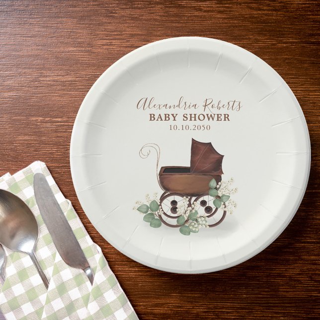 Babydusche Wasserfarbe Rustikale Eukalyptus Floral Pappteller (Baby shower custom paper plate. )