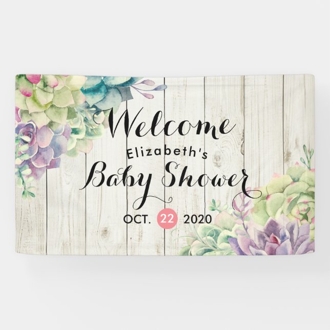 Babydusche Wasserfarbe Sukkulente Pflanze Weißholz Banner (Horizontal)