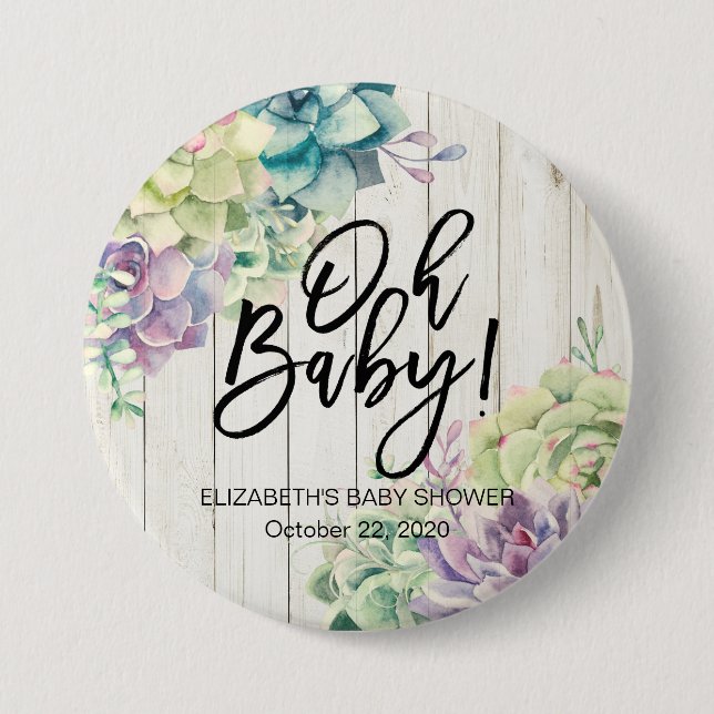 Babydusche Wasserfarbe Sukkulente Pflanze Weißholz Button (Vorderseite)