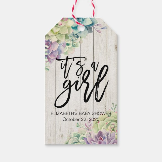 Babydusche Wasserfarbe Sukkulente Pflanze Weißholz Geschenkanhänger (Vorderseite)