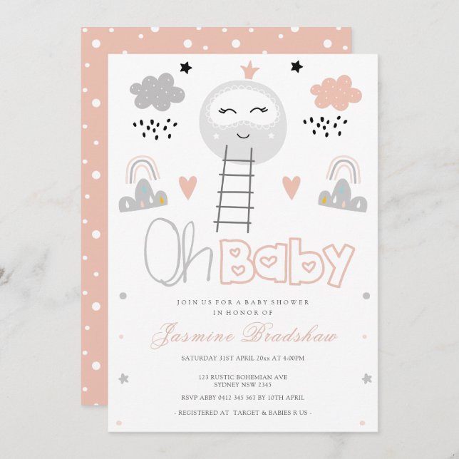 Babydusche Weg zum Mond Oh Baby Einladung (Vorne/Hinten)