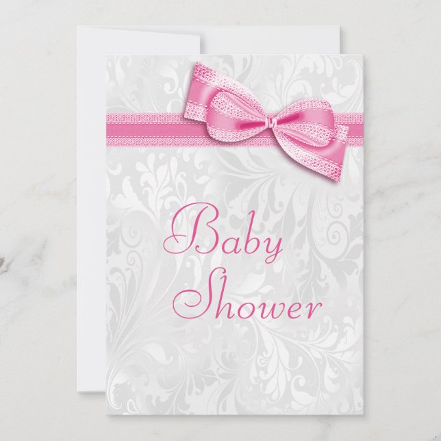 Babydusche Weiße Damast und Imitat Rosa Bow Einladung (Vorderseite)