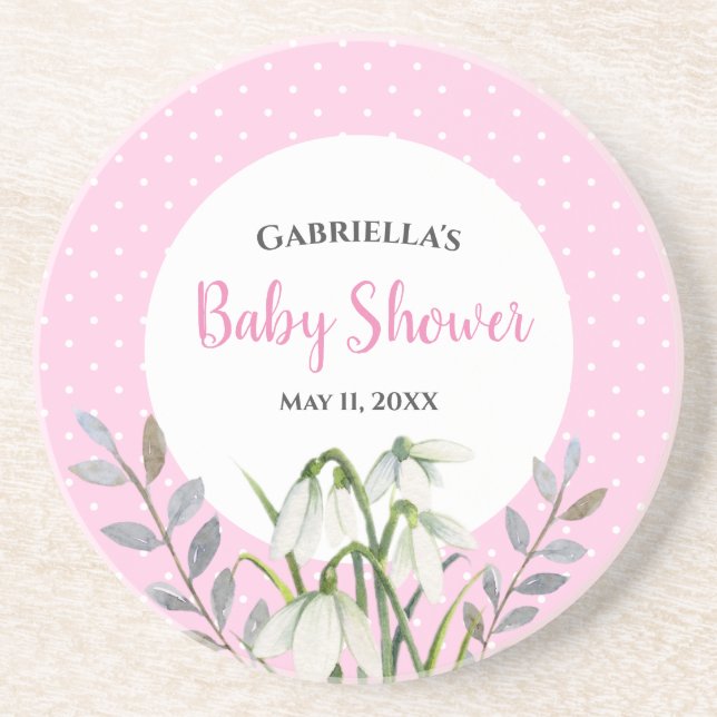 Babydusche weißer Schnee fällt rosa Polka Dots Getränkeuntersetzer (Vorne)