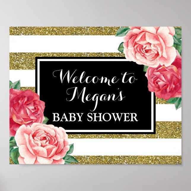Babydusche Willkommen Schwarz Gold Rosa Blüte Poster (Vorne)