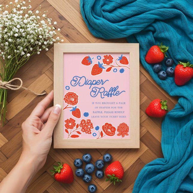 Babydusche Windeln Raffle Berries & Blume Poster (Baby Shower Diaper Raffle Berries & Flowers Poster)