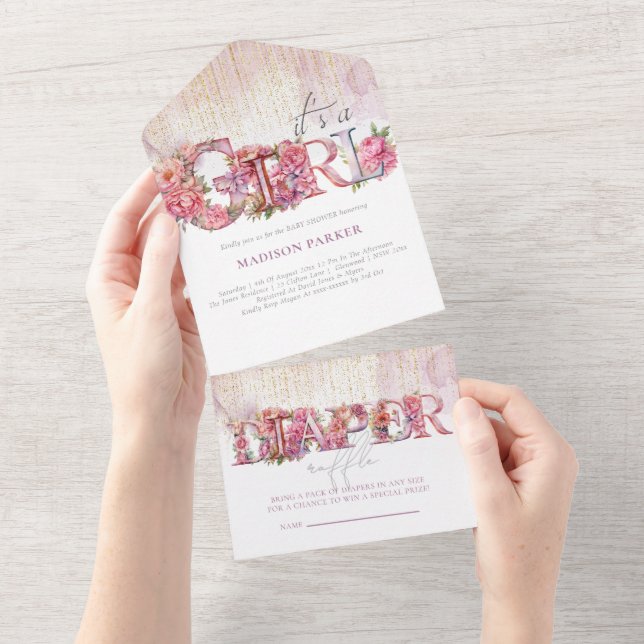 Babydusche & Windelwanne Es ist ein Mädchen All In One Einladung (Abreißen)