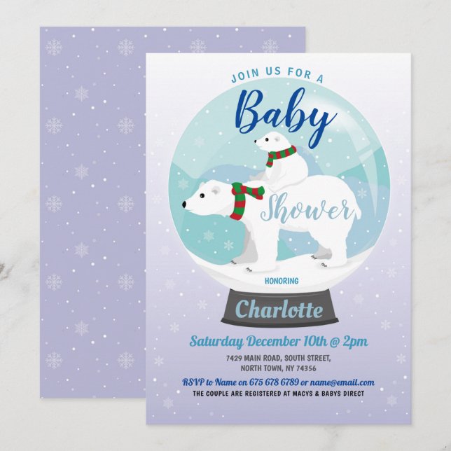 Babydusche Winterpolarbeeren Schneeballblau Einladung (Vorne/Hinten)