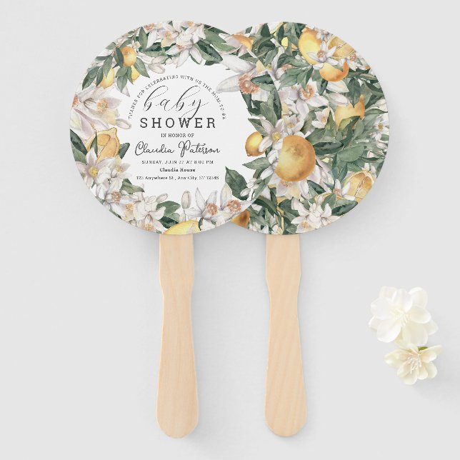 Babydusche Yellow Citrus Lemon Floral Watercolor Fächer (Vorne und Hinten)