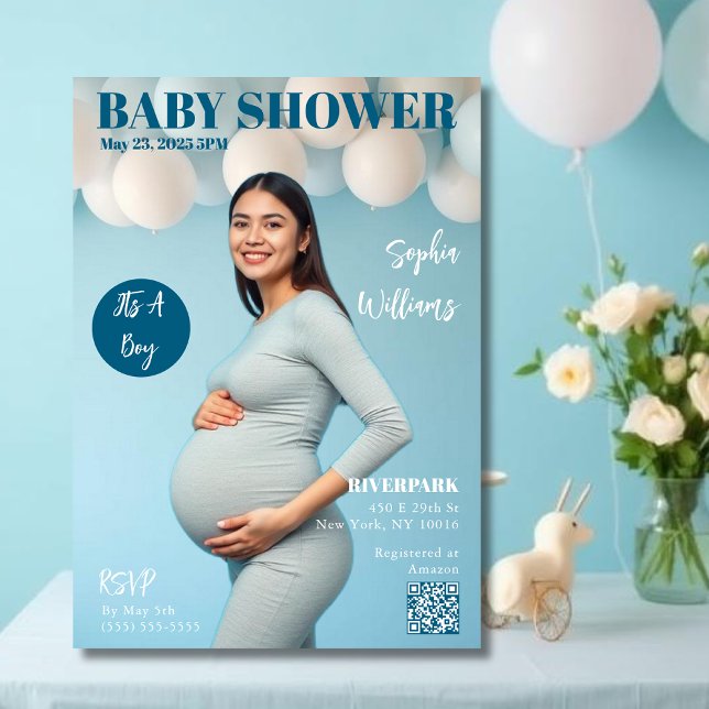 Babydusche-Zeitschrift Cover Einladung (Baby Shower Magazine Cover Invitation blue )
