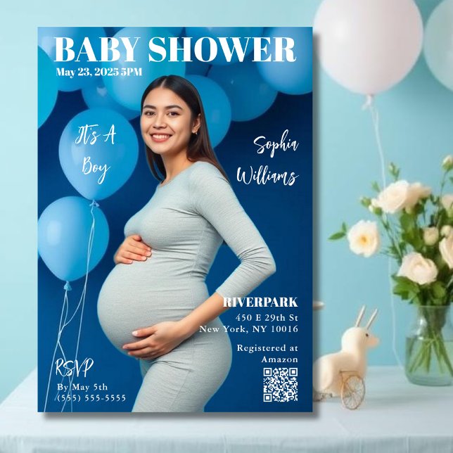 Babydusche-Zeitschrift Cover Einladung (Baby Shower Magazine Cover Invitation dark blue)