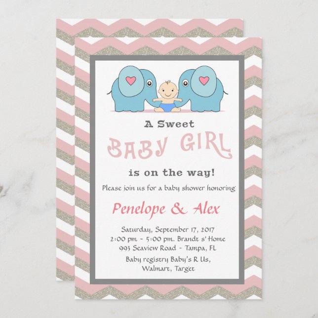 Babydusche zur Ehrung Mädchen, rosa, weiß, Farbe Einladung (Vorne/Hinten)