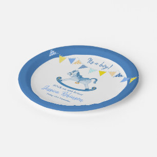 Babyduschenblauer Schwinghobbypferdeindividueller Pappteller